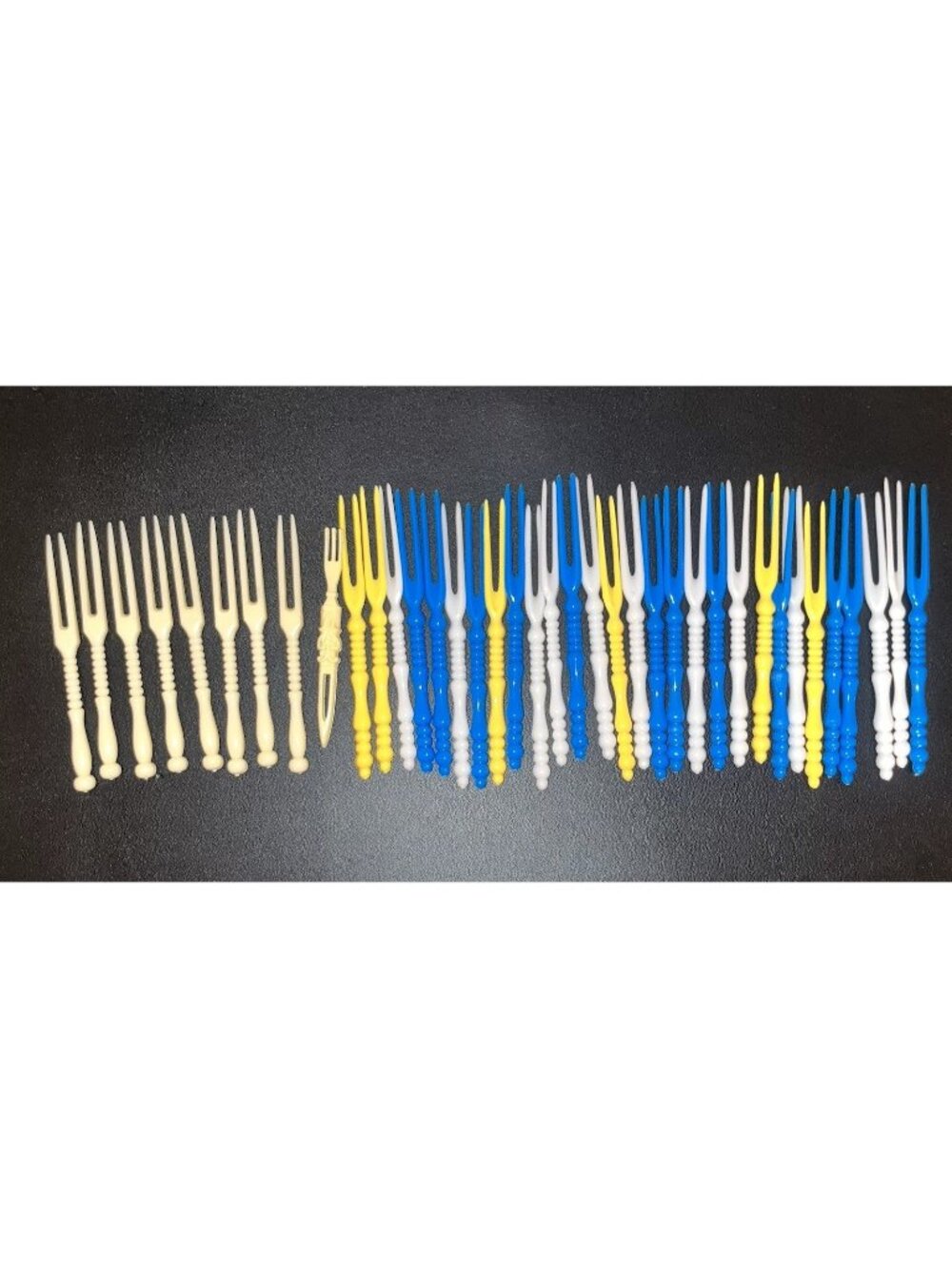 38 Plastic Mini Cocktail Forks Picks Vintage MCM Blue Yellow White Japan Hong Ko